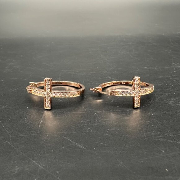 Cross Hoop Earrings Rose Gold Color Rhinestone Bling Jewelry Religious - Picture 2 of 7